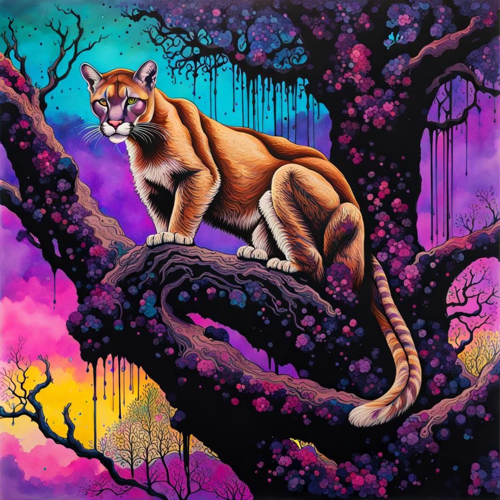 Cougar in Tree: Ink Splatter Grid Painting