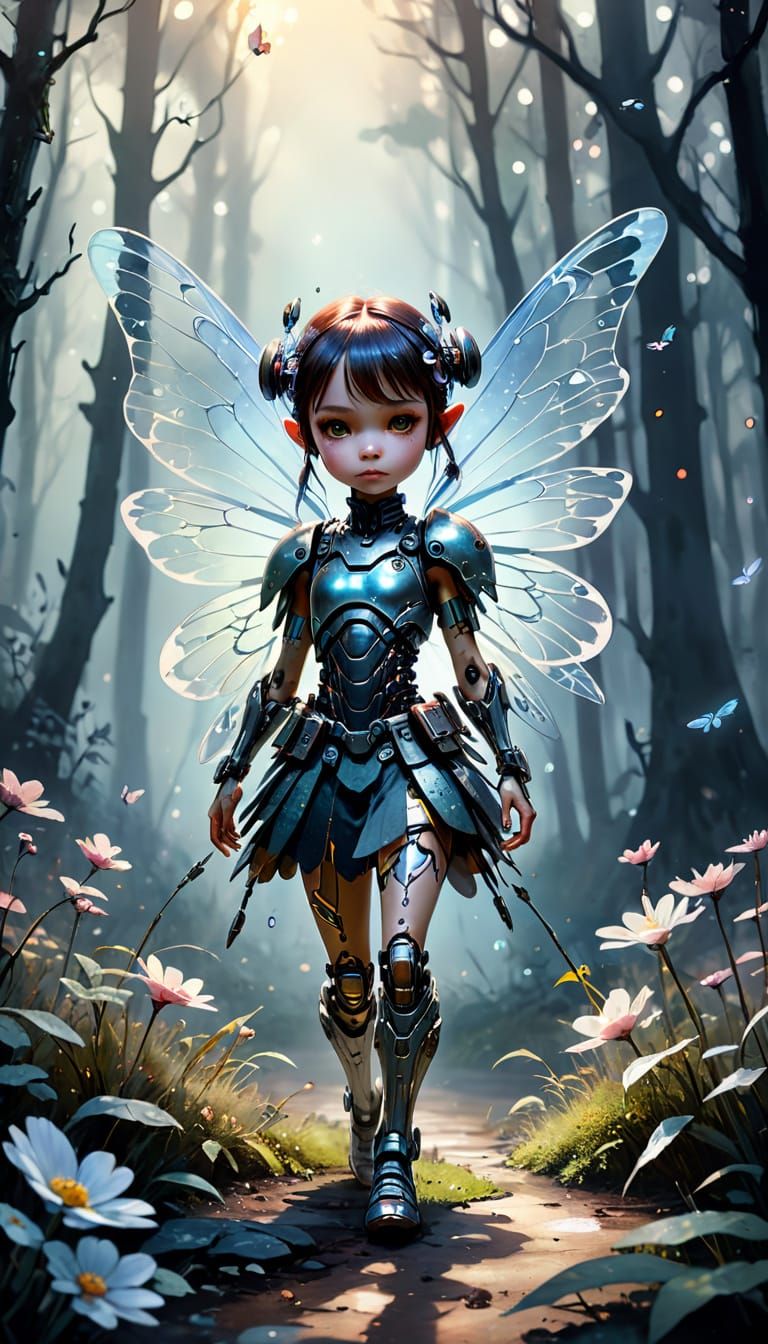 Chibi Cyborg Fairy in Watercolor Style