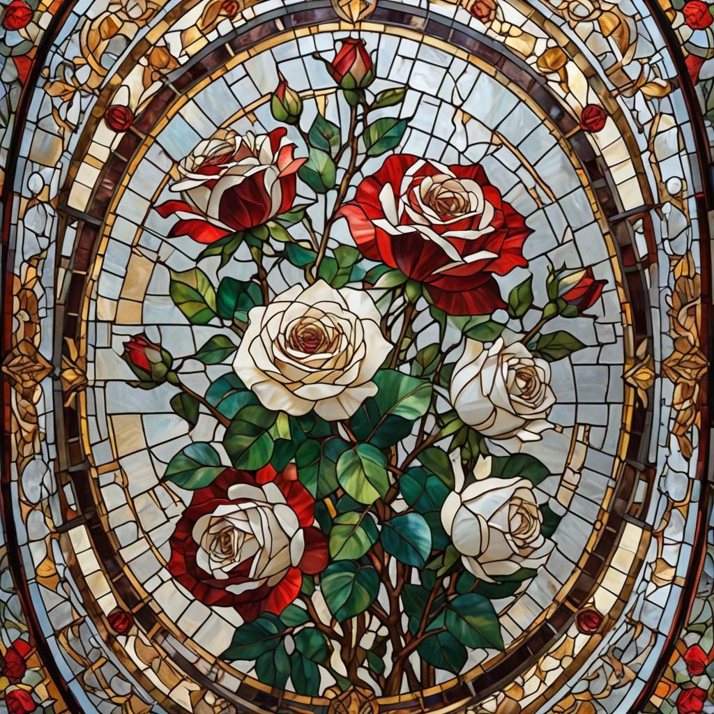 Stained Glass Red and White Roses