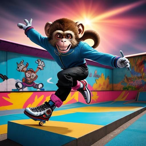 Monkey Skates in Energetic Sunset Skate Park