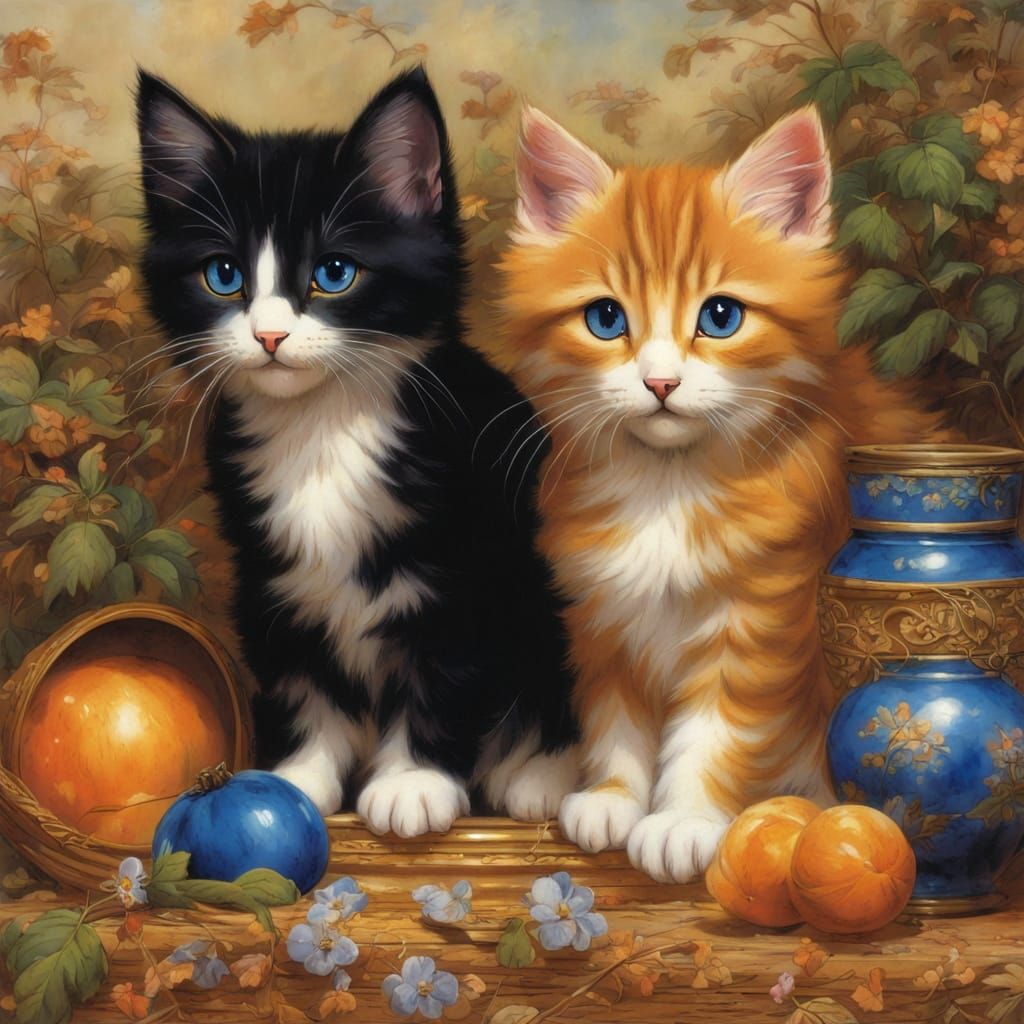 Anime Kitten with Lapis Knickknacks in Waterhouse Style