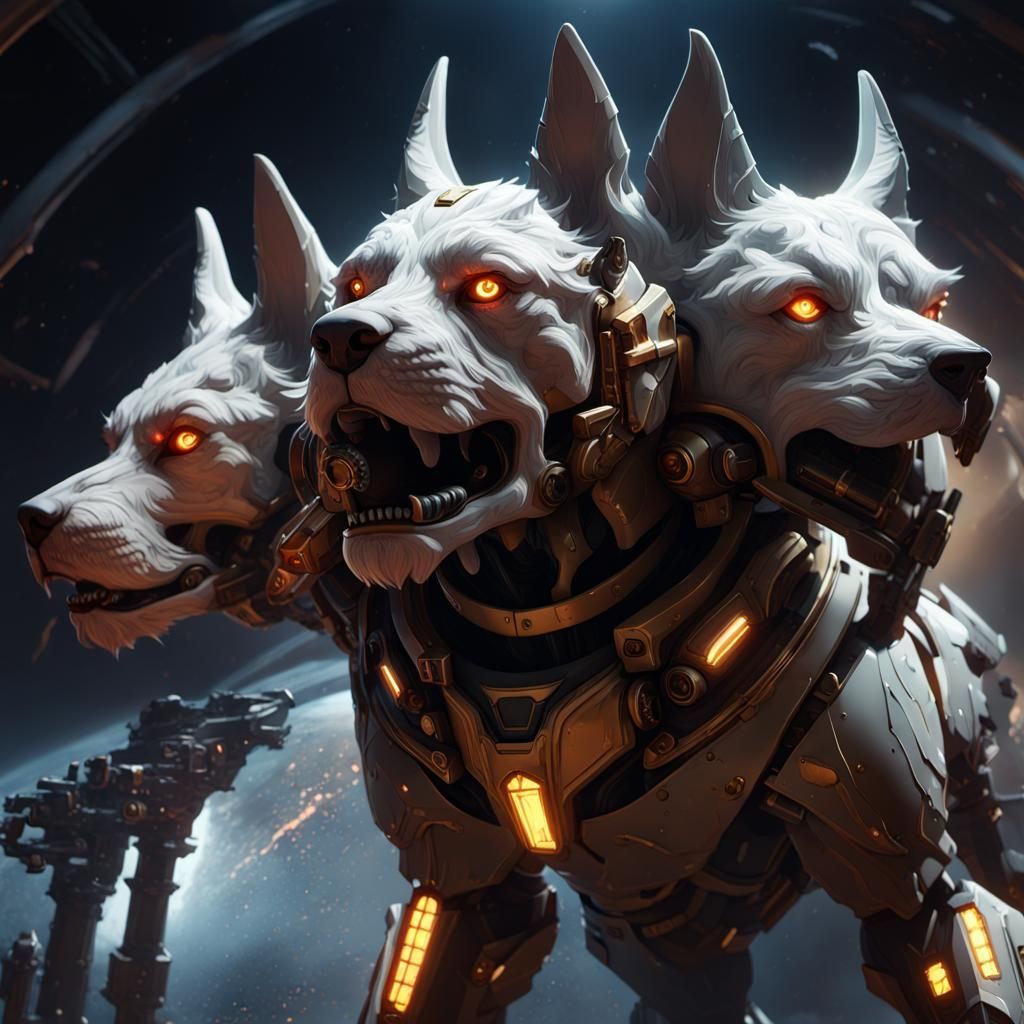 Cybernetic Cerberus in Space Armor, Hyperdetailed Art