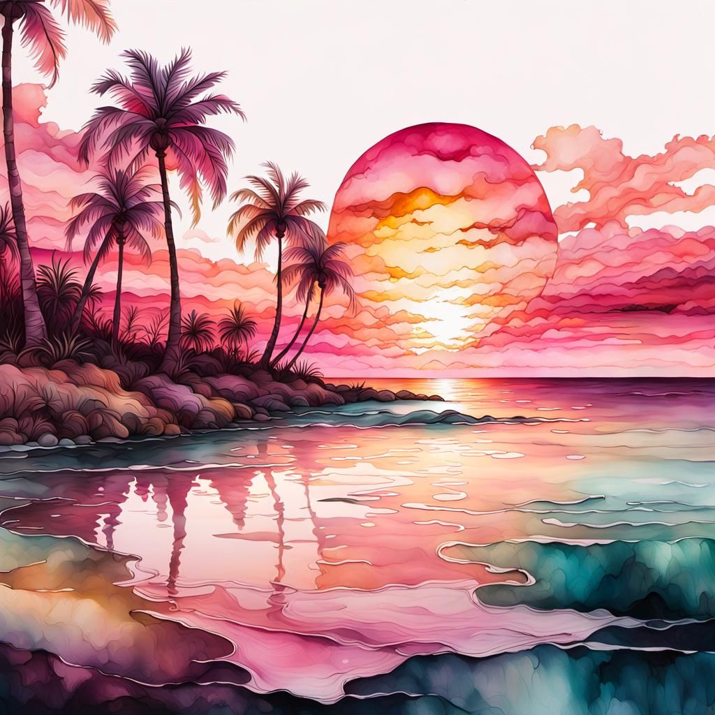 Vibrant Pink Sunset Alcohol Ink Artwork