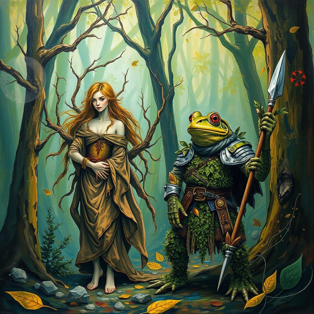 Mystical Forest Encounter in Impasto Style