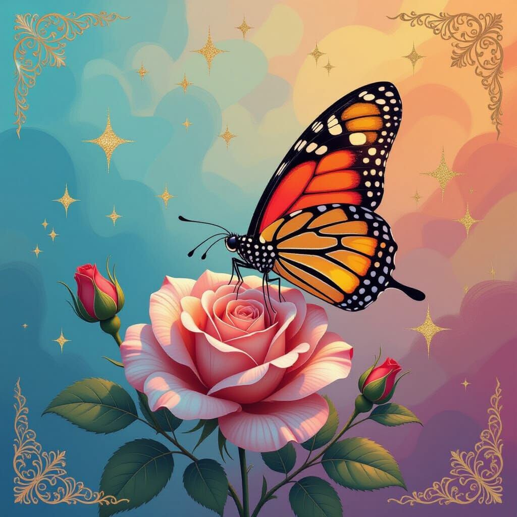 Iridescent Butterfly on Carved Rose: Fantasy Art