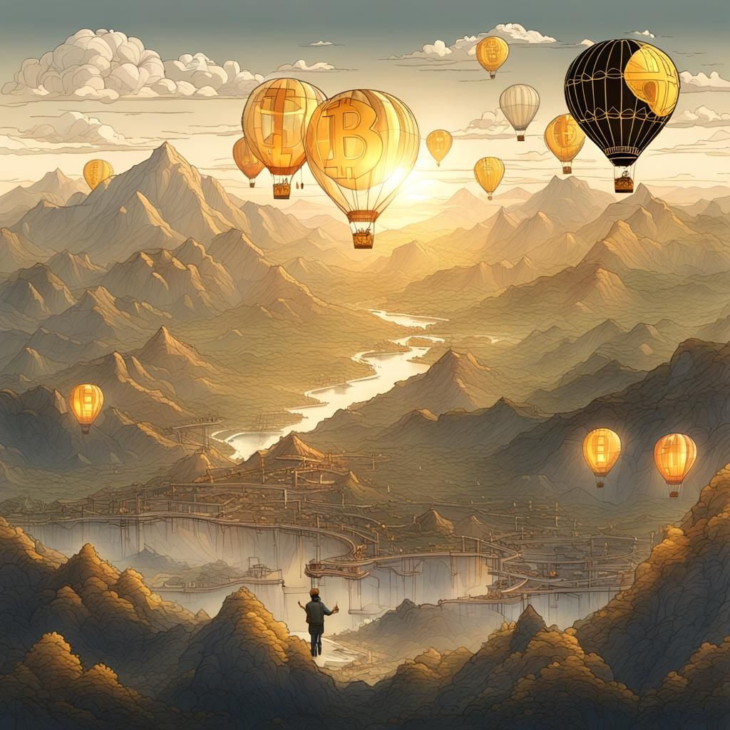 Bitcoin Hot Air Balloon with Golden Mountains