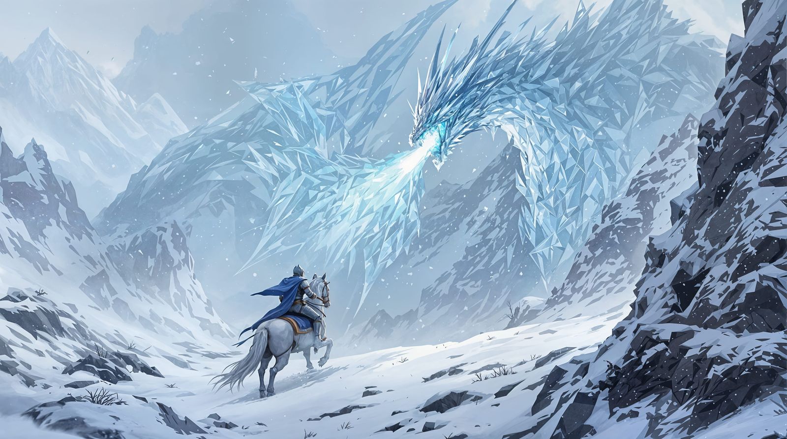 Epic Ice Dragon Battle in Snowy Winter Landscape