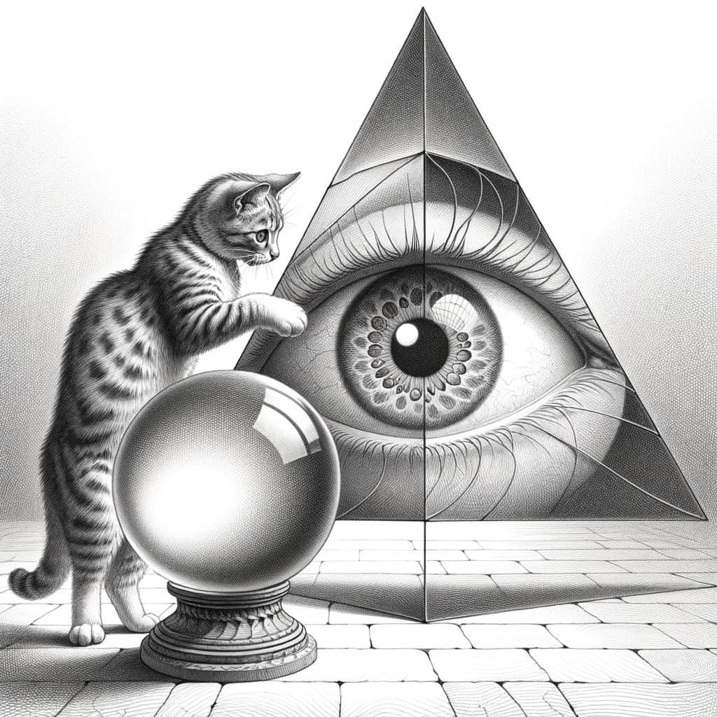 Surreal Pencil Sketch of Curious Cat and Escher-Inspired Opt...