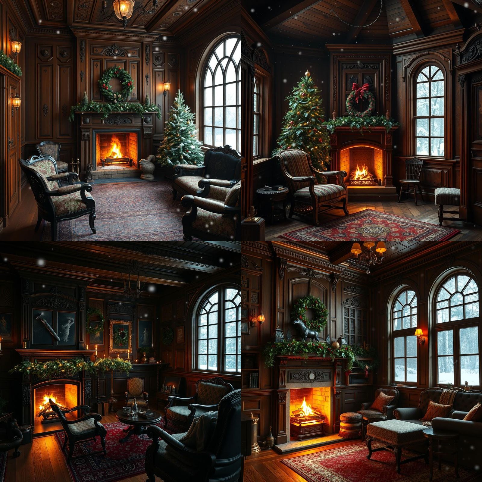 Victorian Cabin Room with Fireplace in Winter