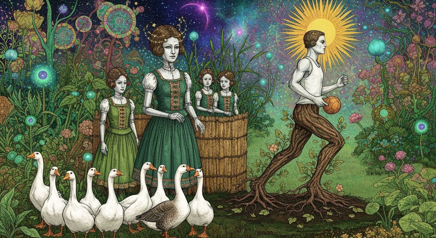 Folkloric Robot & Geese in Surreal Eco-Art Garden