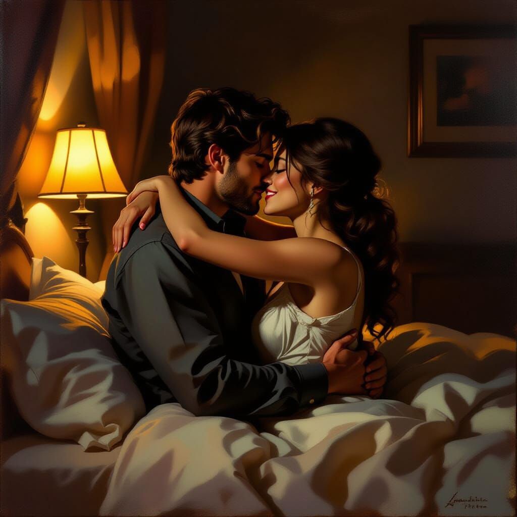 Passionate Embrace in Dimly Lit Bedroom Oil Painting