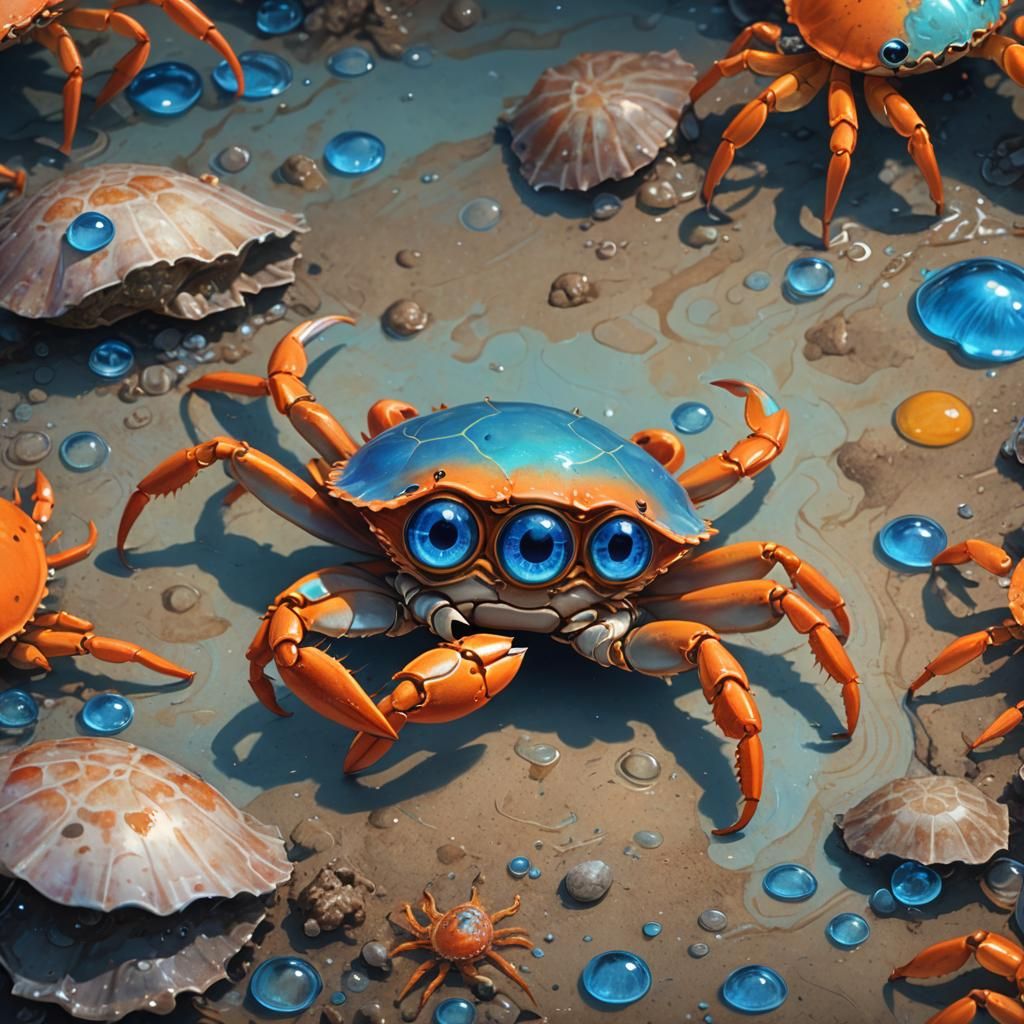 Cute Crab with Blue Eyes in Hyperrealistic Splash Art
