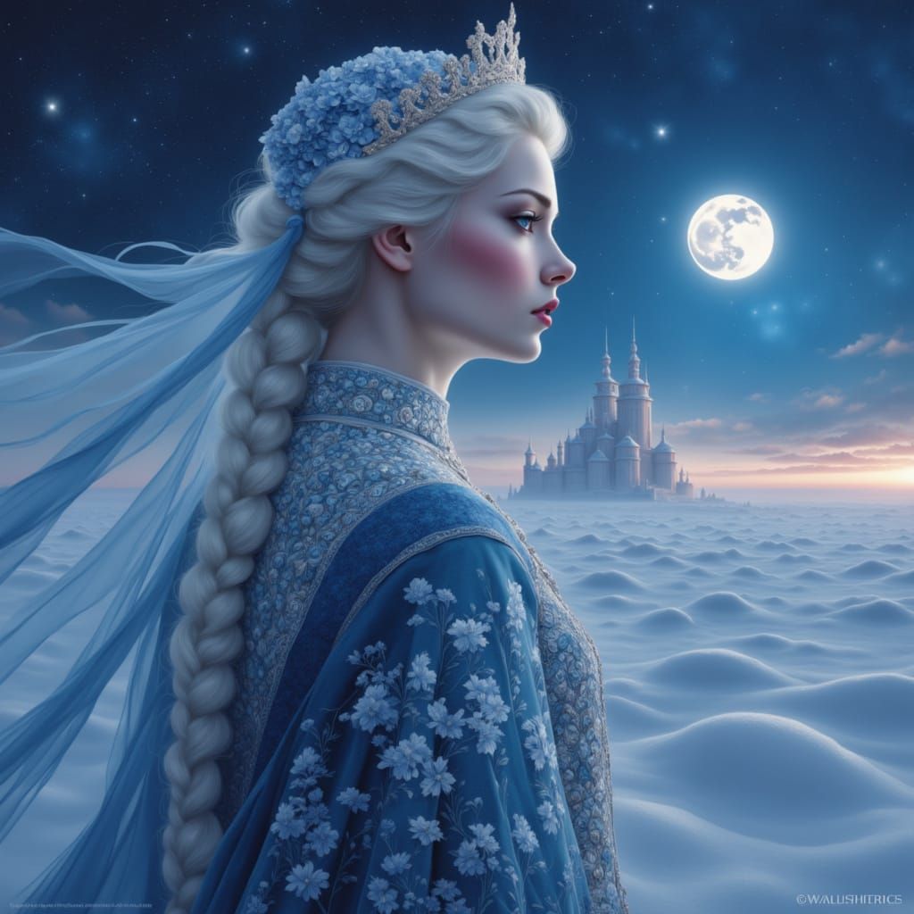 Young Woman in Embroidered Sarafan on Snowy Tundra