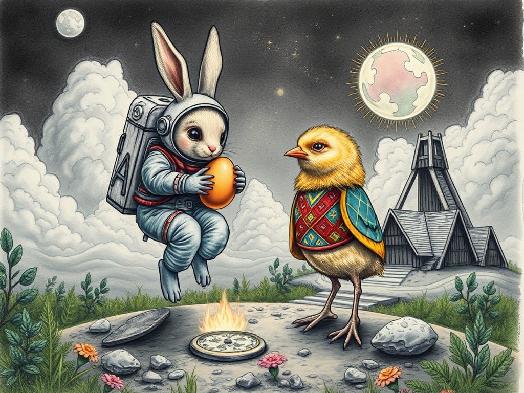 Bunny Astronaut on Fantasy Planet in Charcoal Style