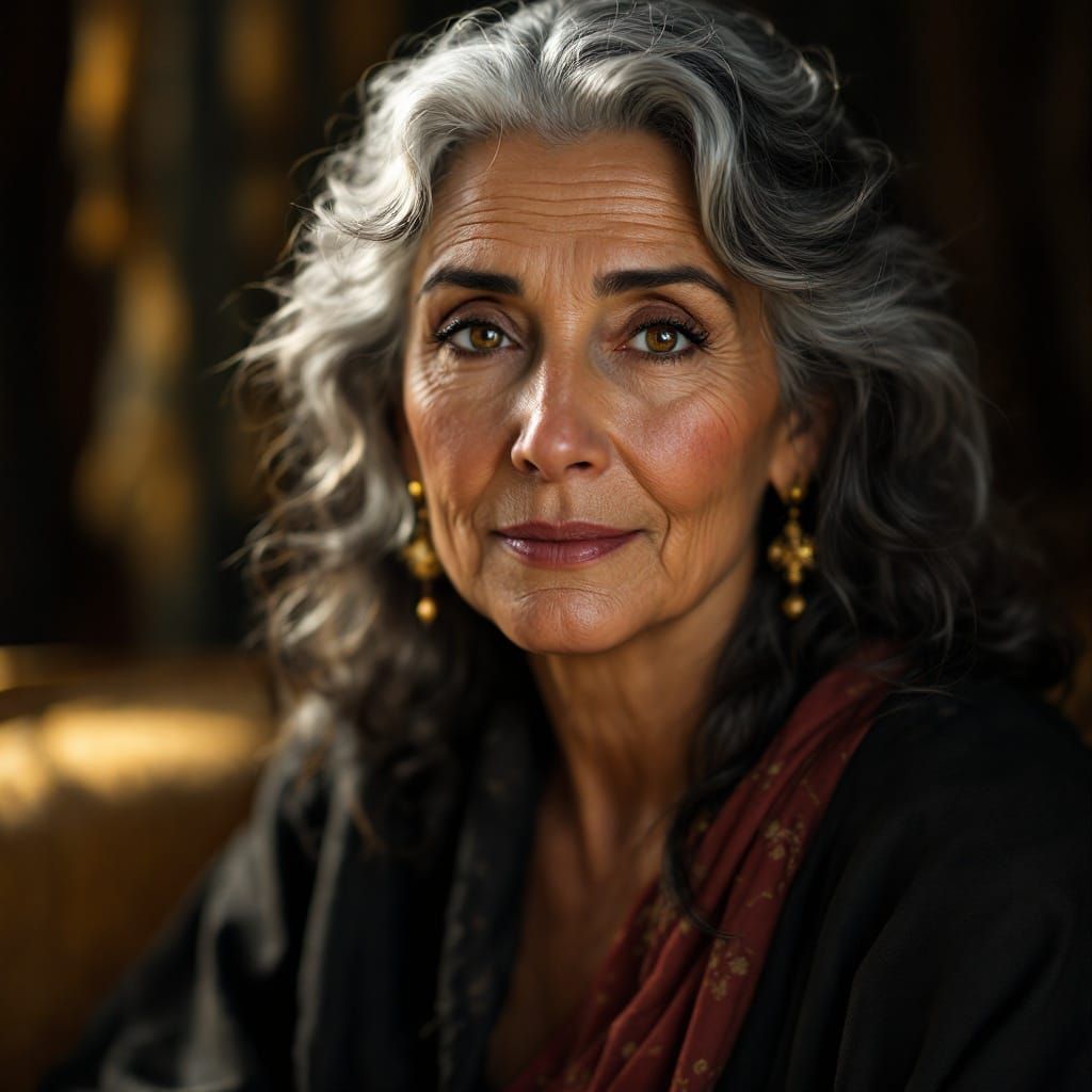 Ethereal Portrait of a Wise Dark-Haired Lady in Soft Golden....