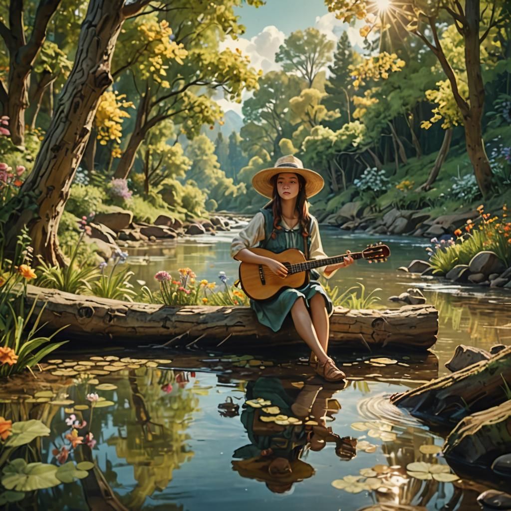 Woman Plays Banjo in Fantasy River Landscape