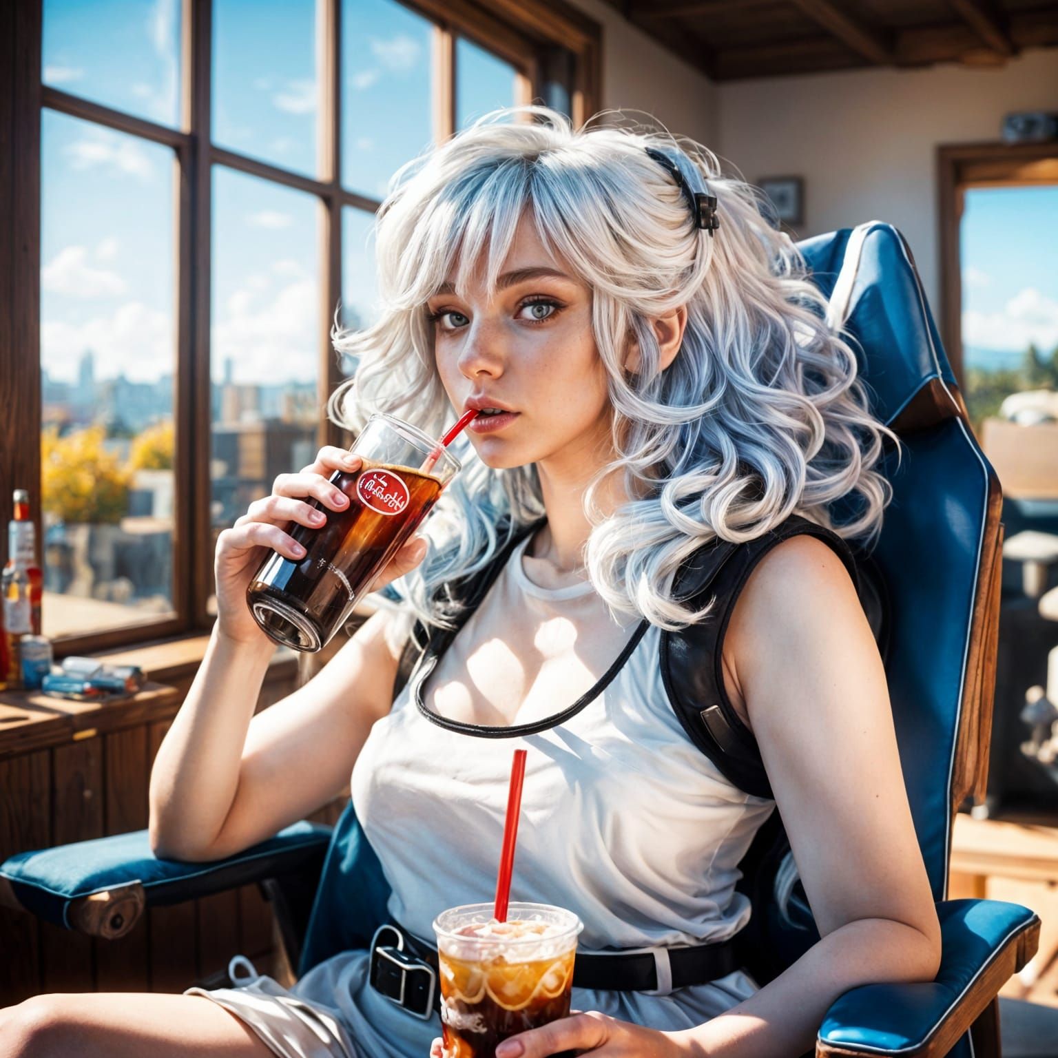 A curvy, white haired e-girl streamer drinks soda from a str...