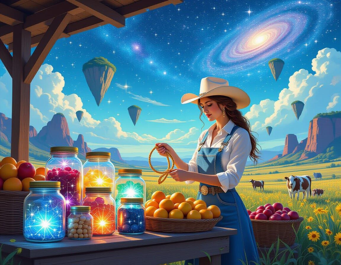 Cosmic Cowgirl at a Dreamlike Farmstand