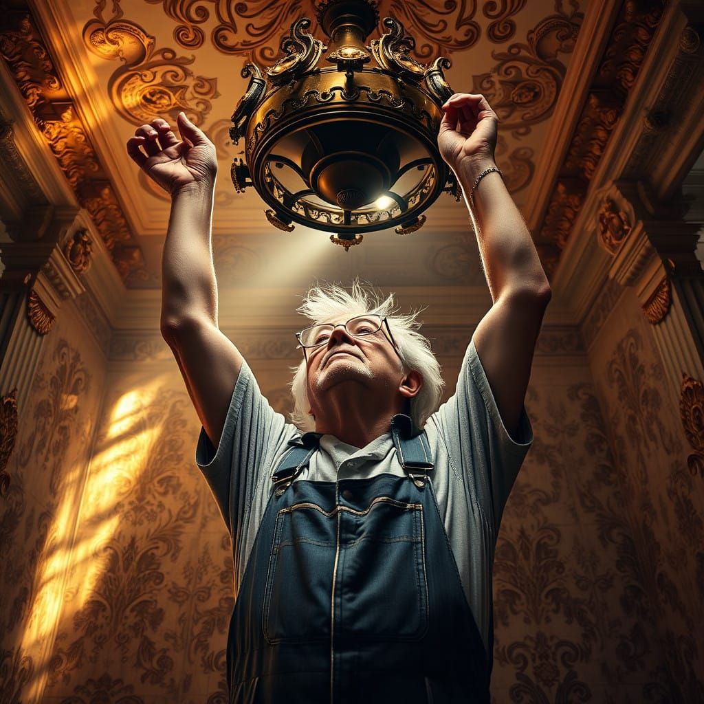 Aged Grandfather Repairs Ornate Light Fixture in Grand Bathr...