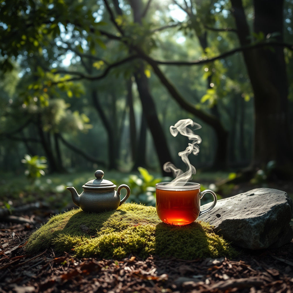 Rustic Tea Set in Forest Glade: HDR Image