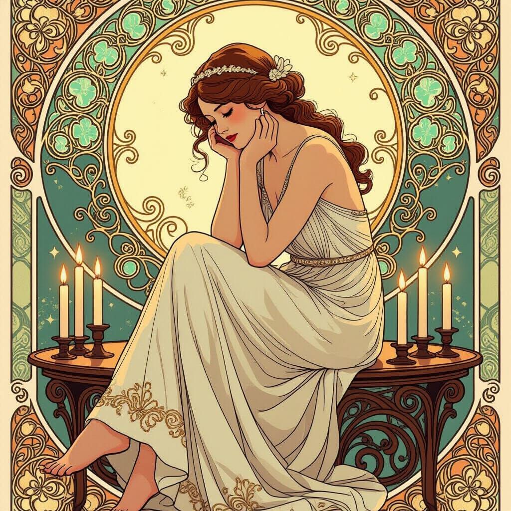 Contemplative Woman in Art Nouveau Style