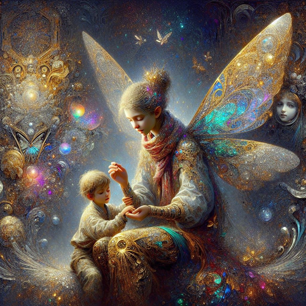 Compassionate Toddler Mends Fairy's Wing: Art Nouveau Concep...