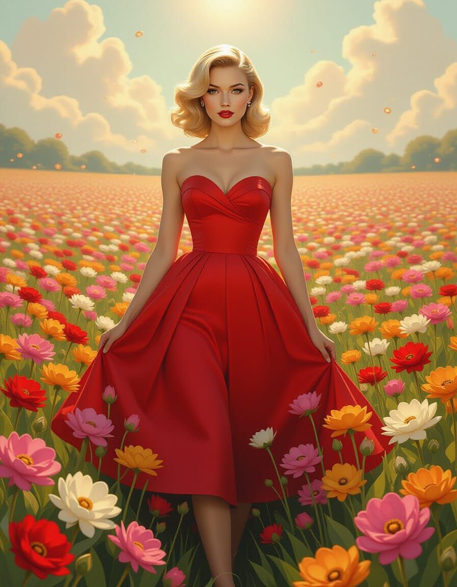 1950s Woman in Candy Flower Field, Art Nouveau & Tonalism St...