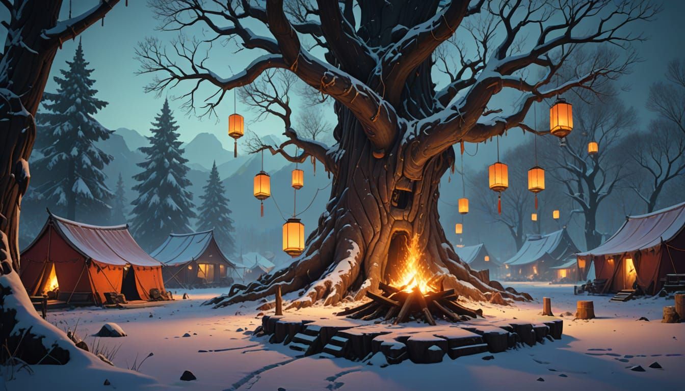 Mystical Winter Campsite Under Ancient Trees