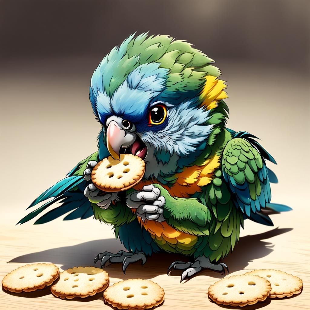 Cute Baby Parrot Eating Cracker in Anime Style