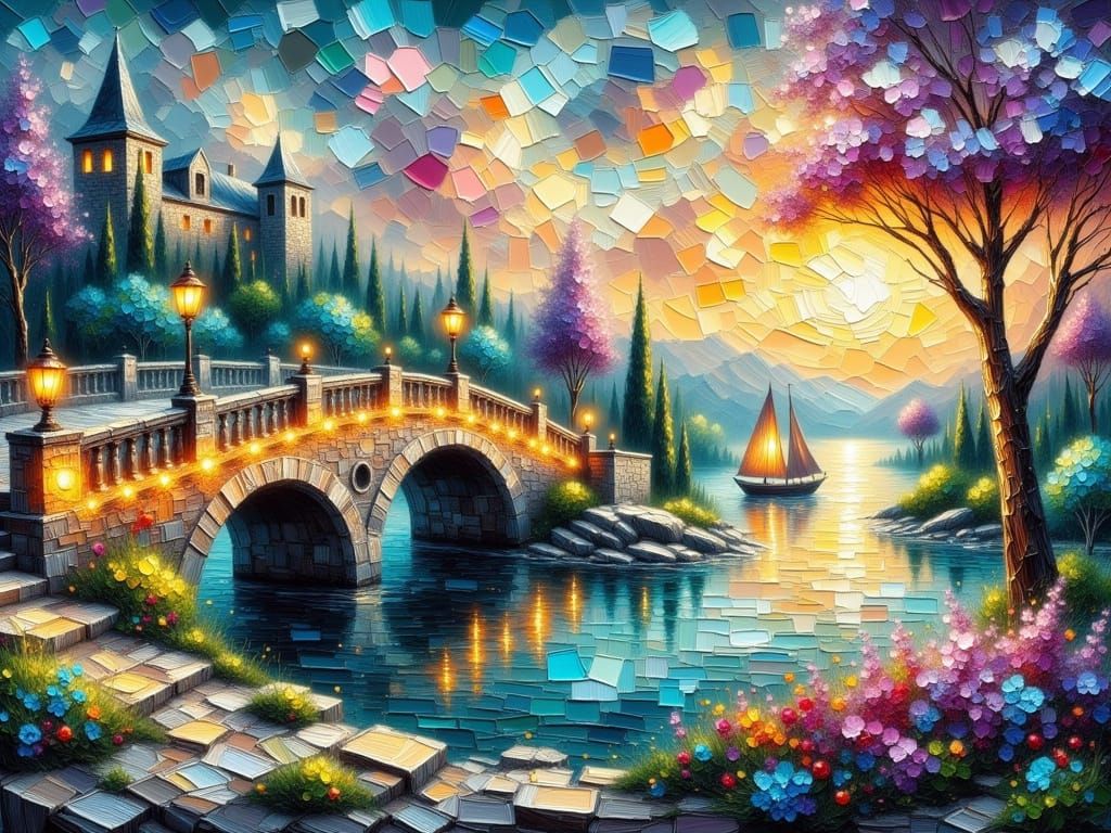 Vibrant Impasto Seascape with Majestic Bridge