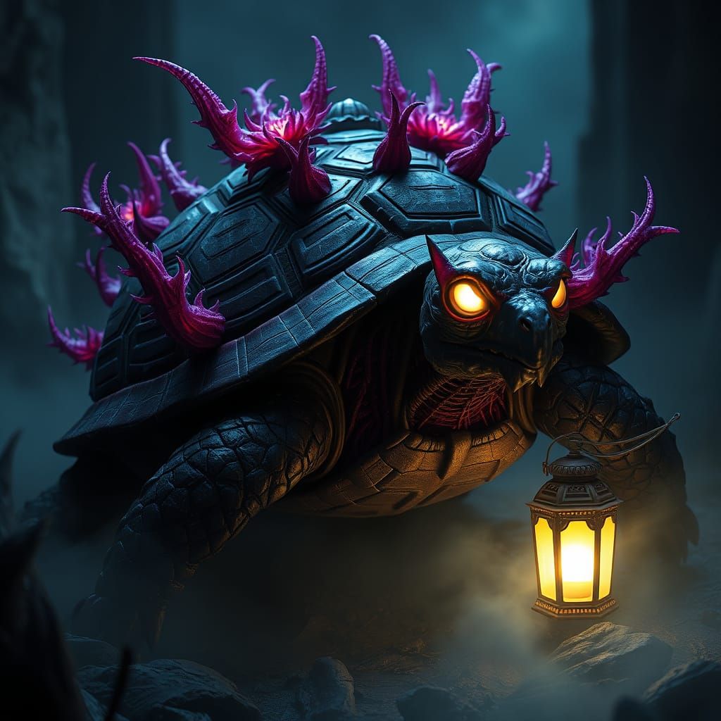Dark Fantasy Turtle Creature in Luminous, Gothic Aesthetic