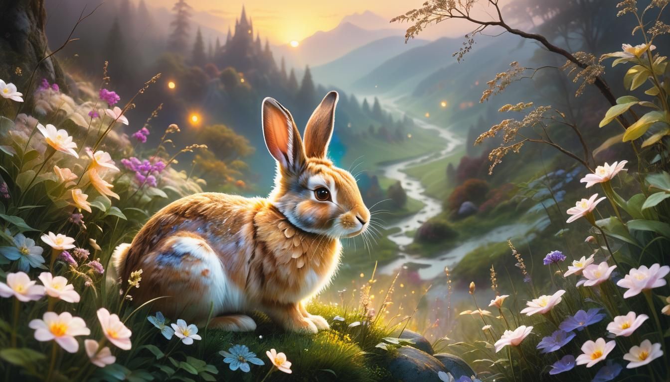Rabbit in Misty Valley at Magical Sunrise