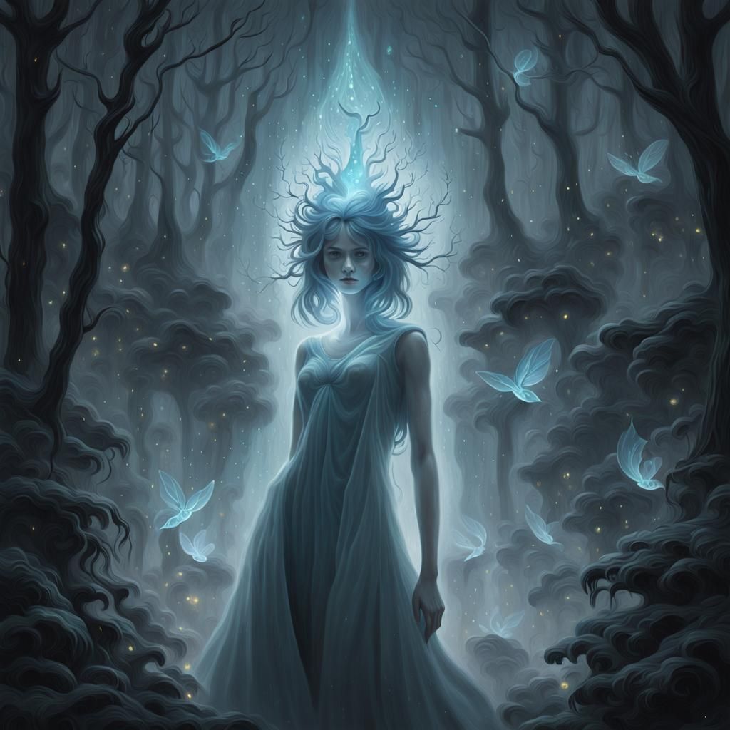Mystical Forest Woman in Ethereal Oil Painting