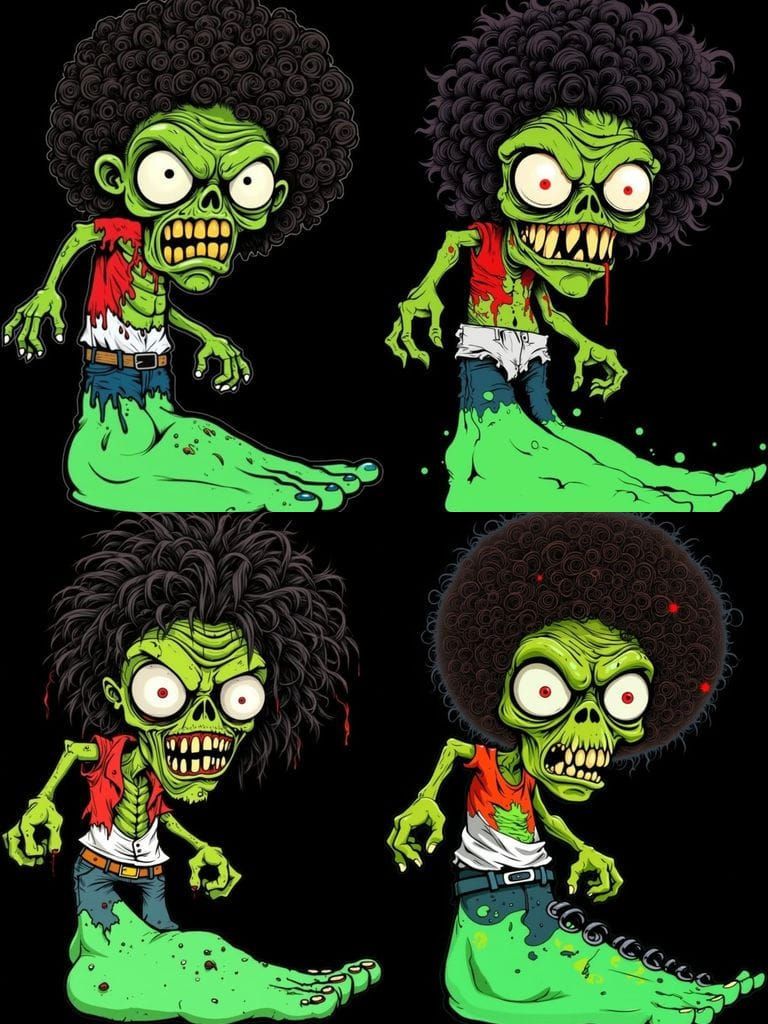 Cartoon Zombie with Fluffy Afro and Giant Foot