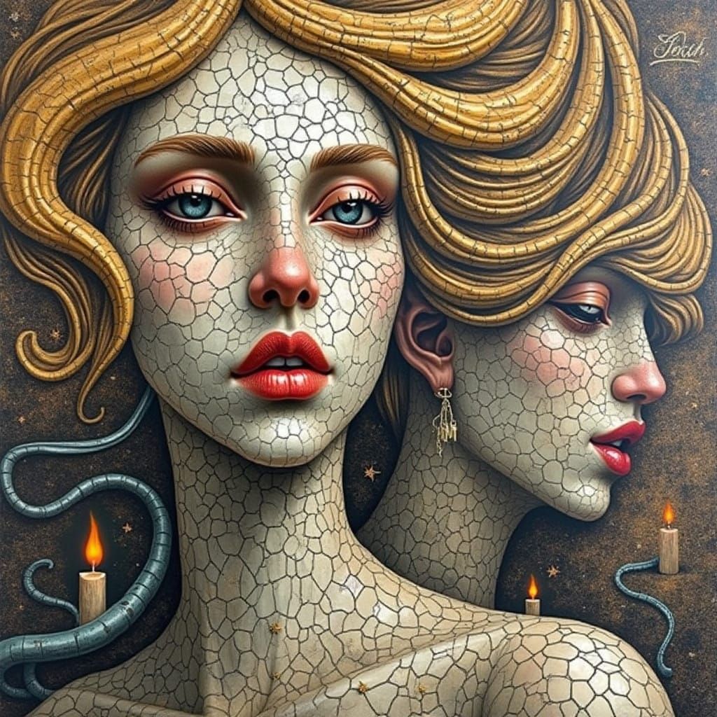 Abstract Cubist Painting in Encaustic with Kintsugi Influenc...