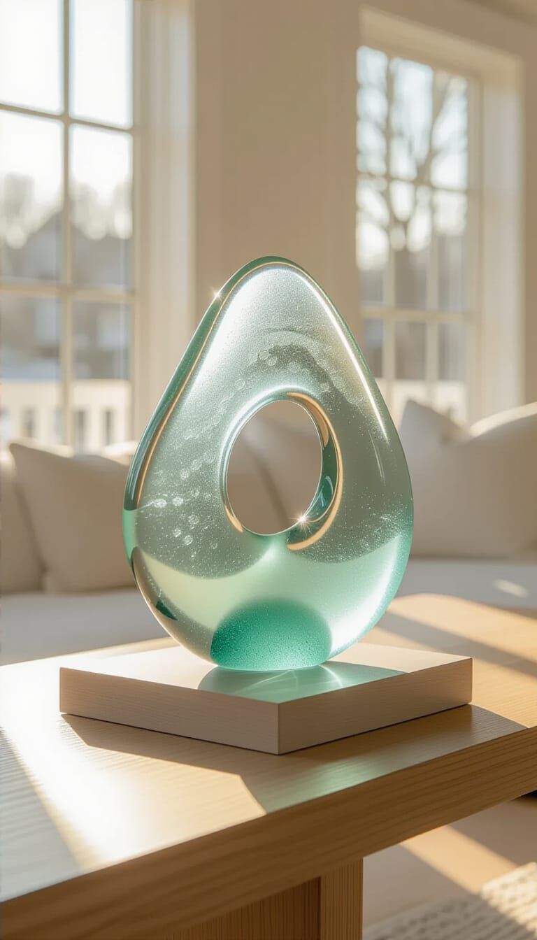 Seaglass Sculpture on Shelf in Sunlit Living Room