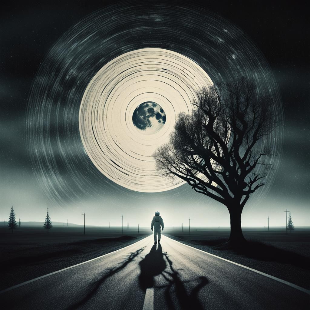 Astronaut Walks to Vinyl Record Moon in Surreal Scene