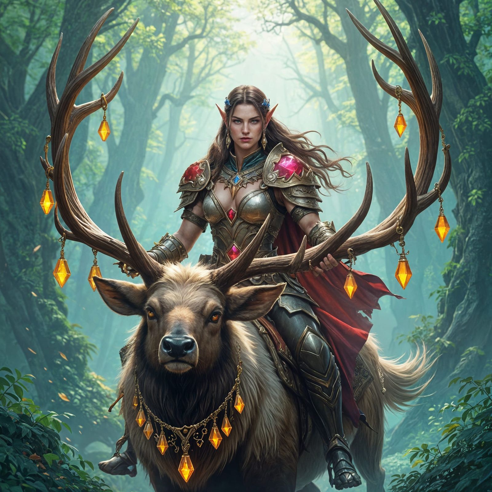 Elven Warrior in Ruby Armor Rides Magical Elk
