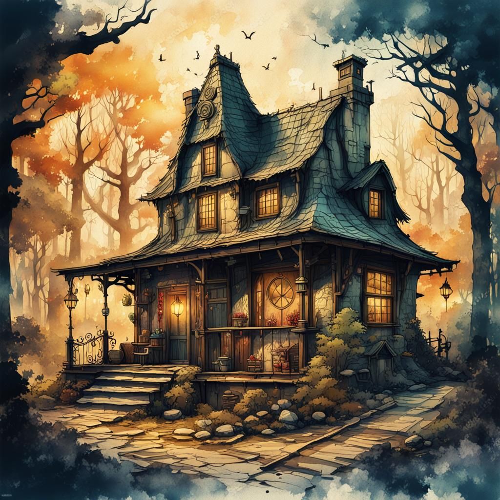 Steampunk Cottage in Forest: Ink Painting with Vintage Eleme...