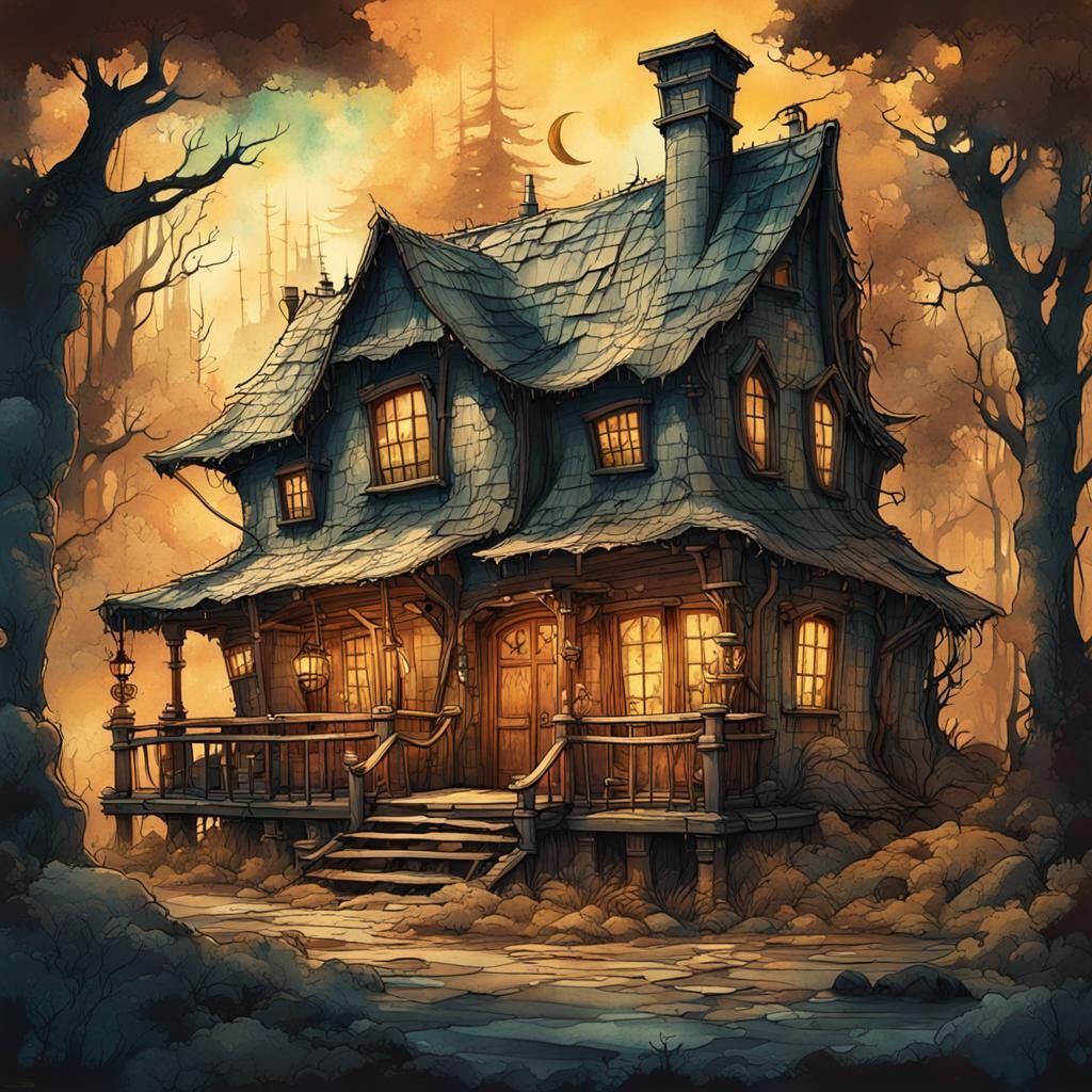 Steampunk Cottage in Forest Ink Painting