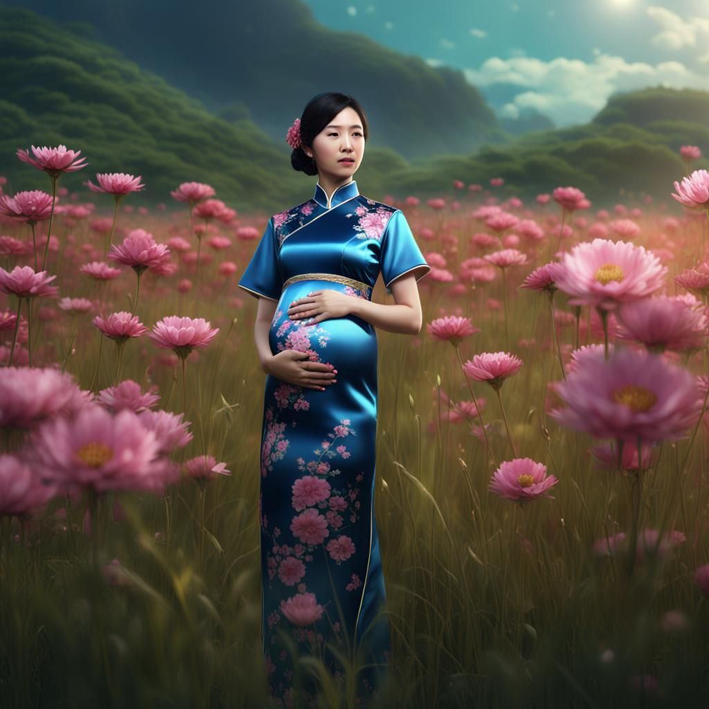 Asian Woman in Cheongsam in Meadow