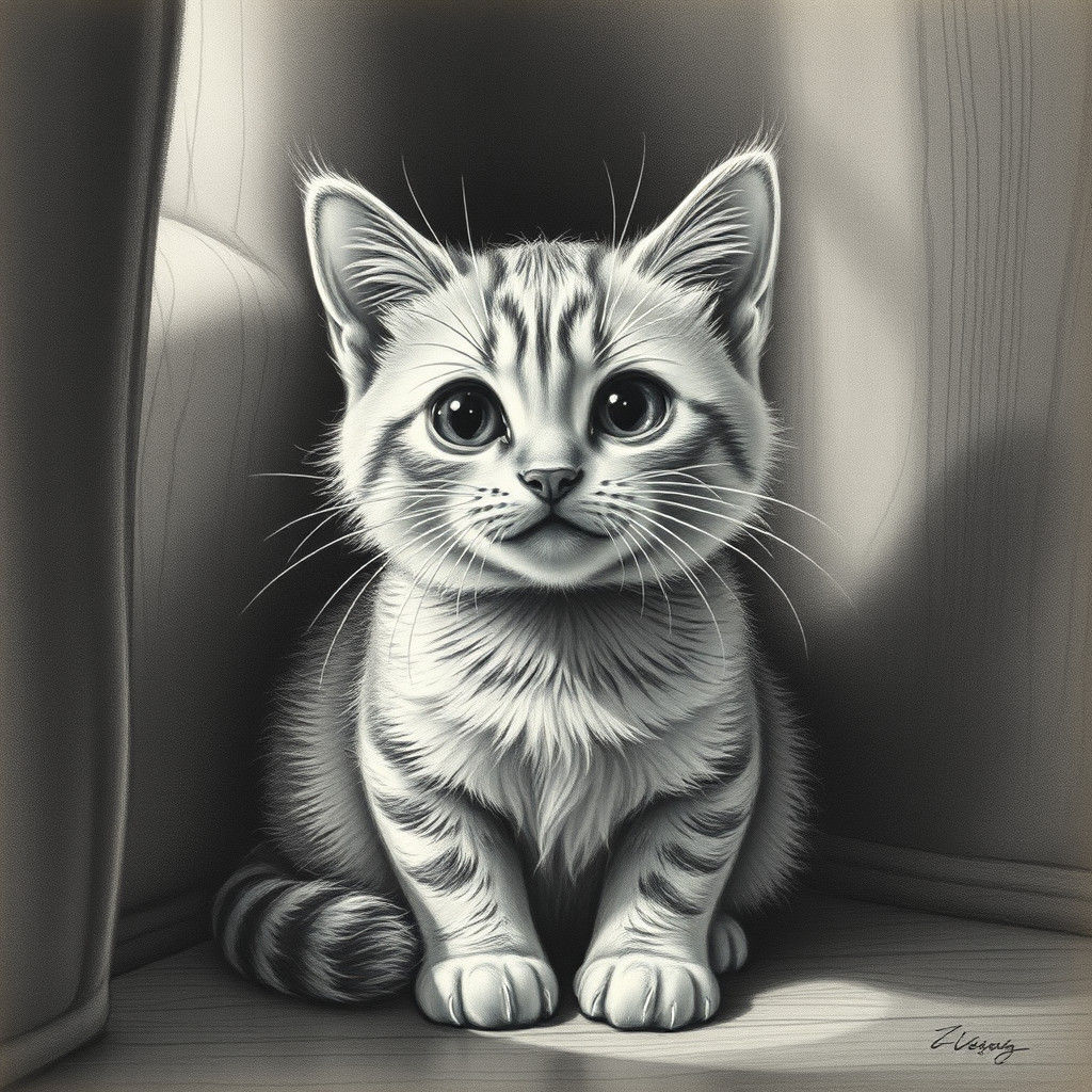 Adorable Cat in Hyperdetailed Charcoal Drawing