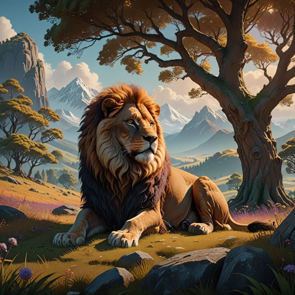 Lion and Lamb in a Dreamlike Landscape