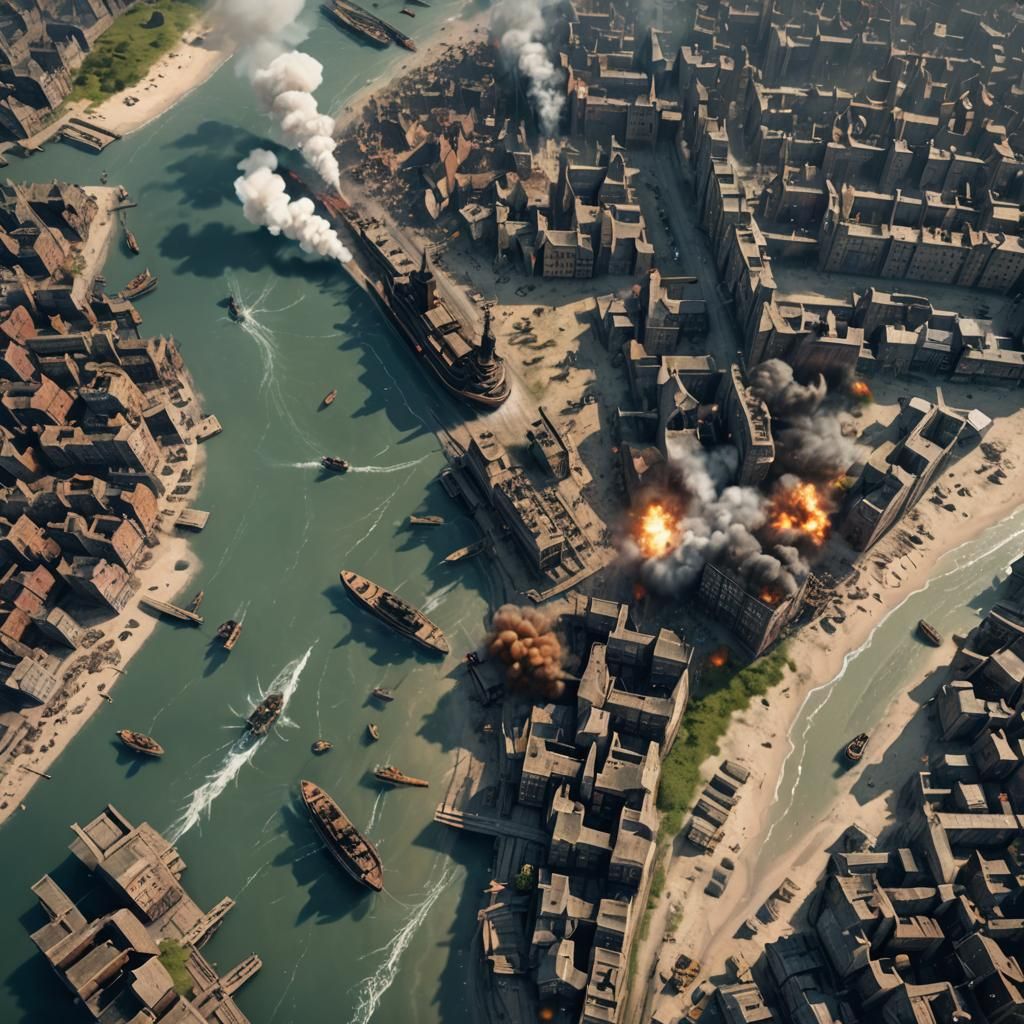 Dunkirk Evacuation Aerial View: Detailed Matte Painting