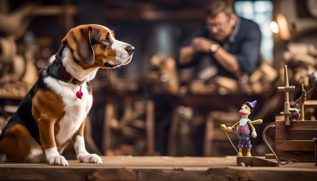 Pinocchio's Awakening Watched by a Curious Dog