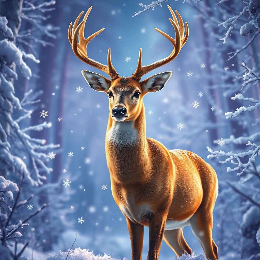 Majestic Winter Deer in Snow-Encrusted Forest
