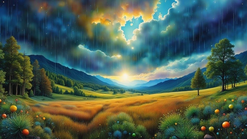 Rainy Field with Thunderclouds in Hyperrealistic Style
