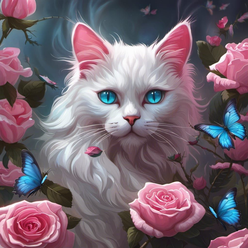 Cute White Cat with Roses in Dark Fantasy Art