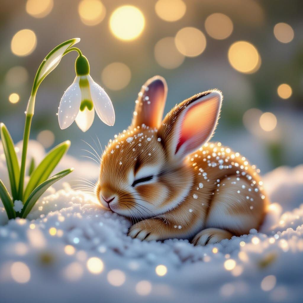 Baby Rabbit Sleeps Peacefully Under Snowdrop Flower