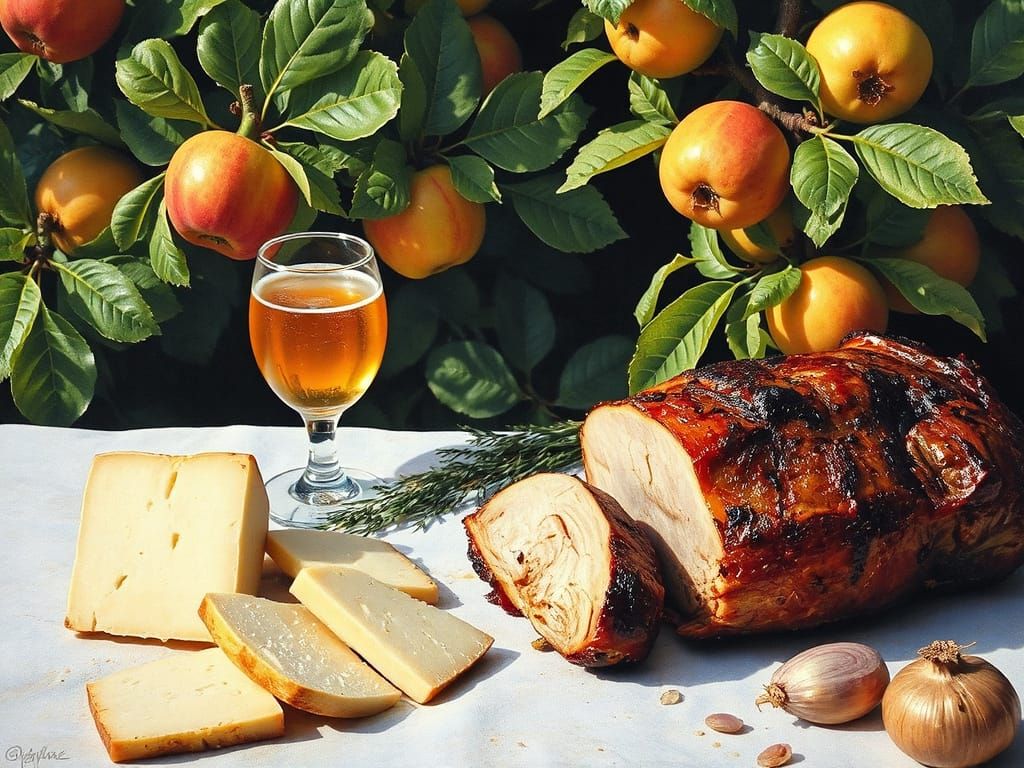 Still Life with Beer, Pork, and Brie, in Watercolor